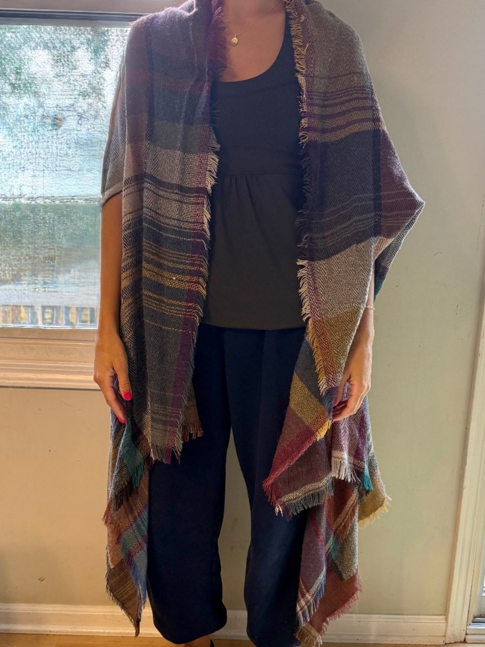 Multi Color Plaid Poncho